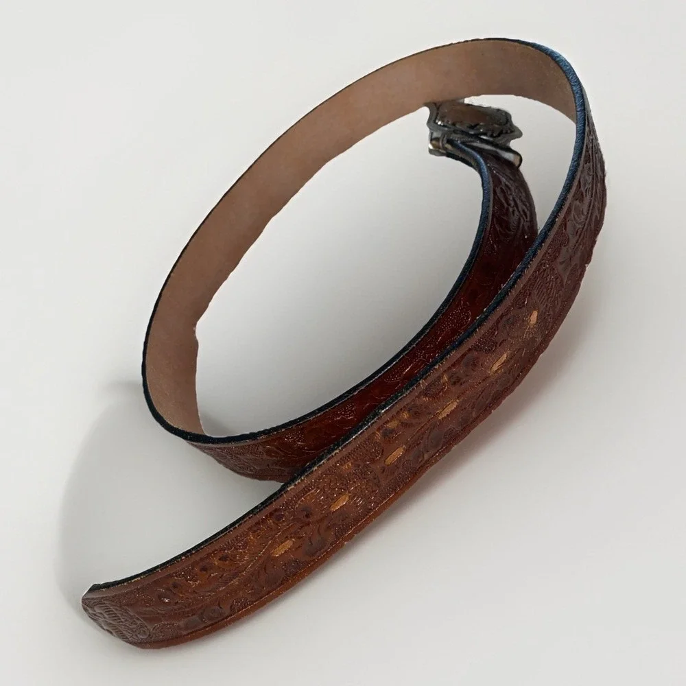 Tony Lama Brown Tooled Leather Western Belt Silver Ornate Buckle 11554‎ Mens 42